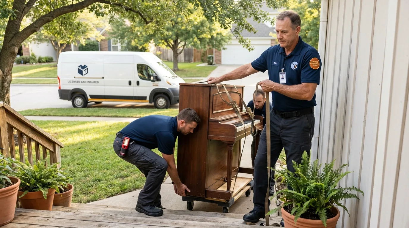 Licensed piano movers securing grand piano in Stanford, MT