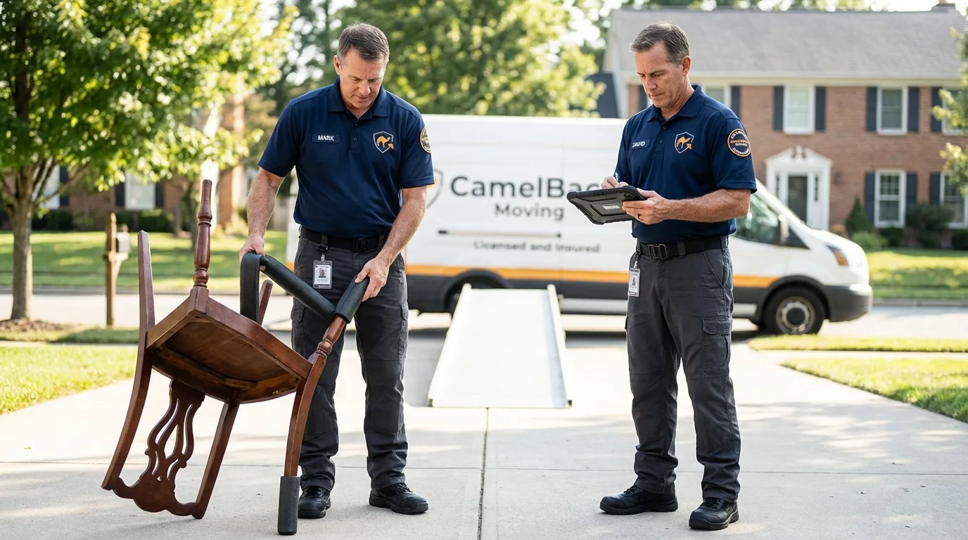 Movers inspecting furniture for damage prevention before loading in Stanford, MT