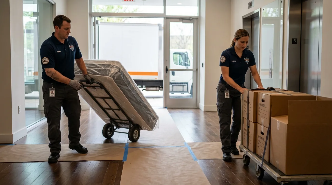 Professional apartment movers loading elevator in Stanford, MT